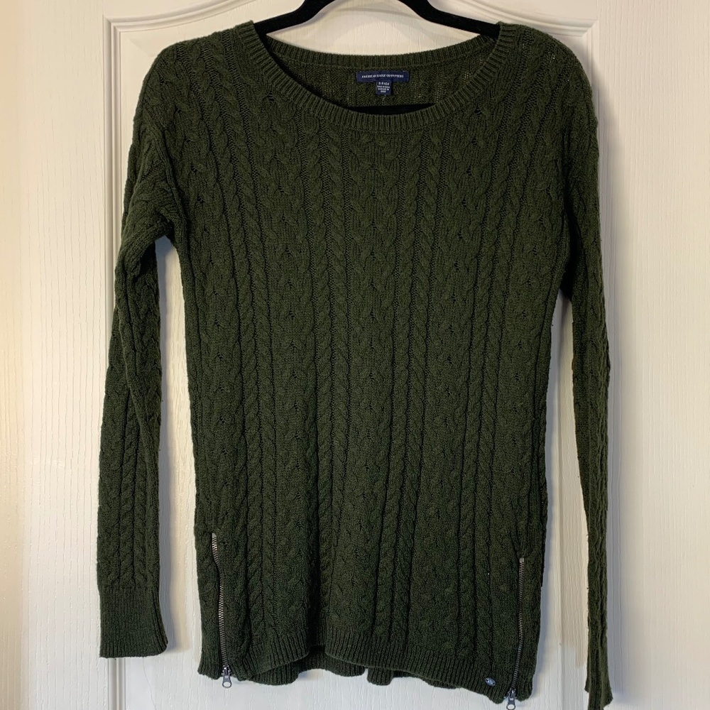 American Eagle Cable-Knit Sweater with Side Zips (S)‎ | Deep Khaki Green | Cozy